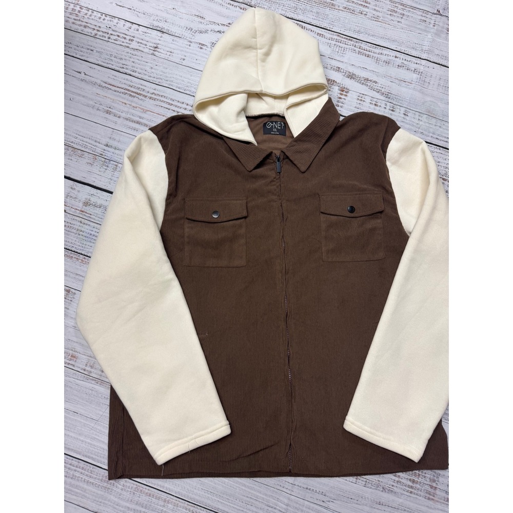 O-NET XXL Cocoa Ecru Corduroy Hooded Shirt Jacket Full Zip